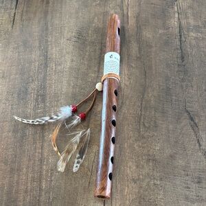 Native American Kokopelli Wooden Flute with Feather Accents